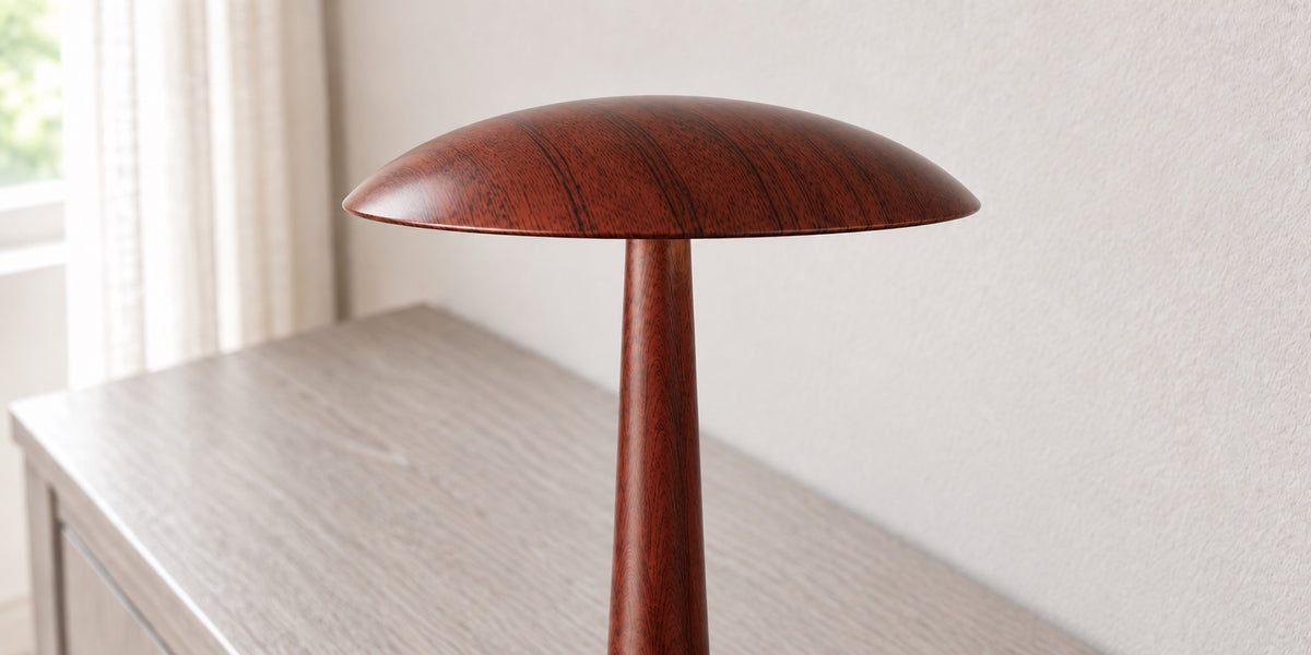 Chapeau de la lampe Morel en gros plan, sur un buffet clair