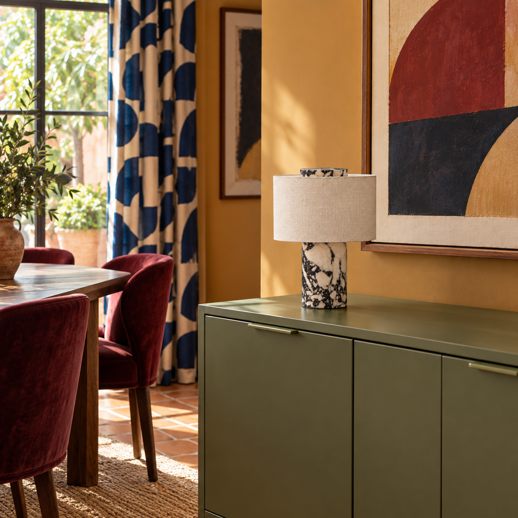 Lampe Obole sur un buffet vert, salle à manger aux murs jaunes