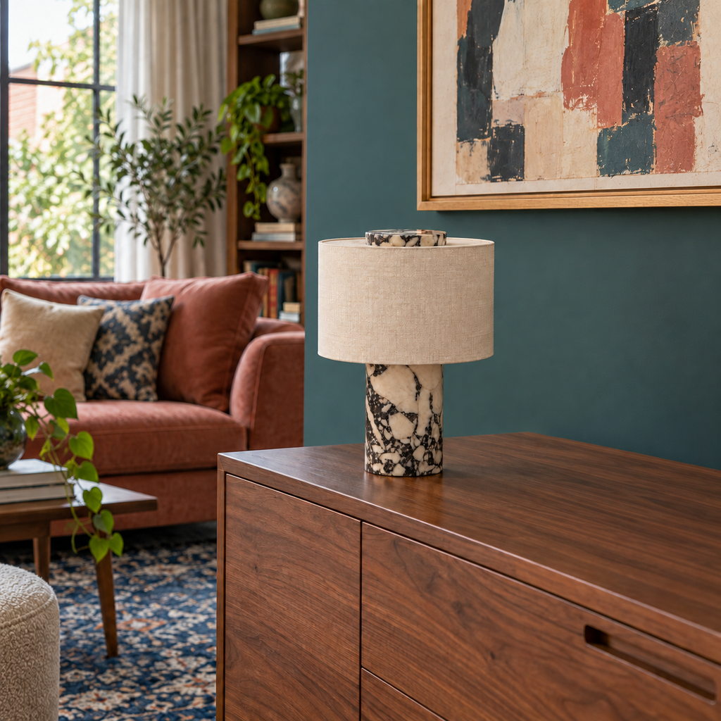 Lampe Obole sur un buffet en noyer, salon vert canard
