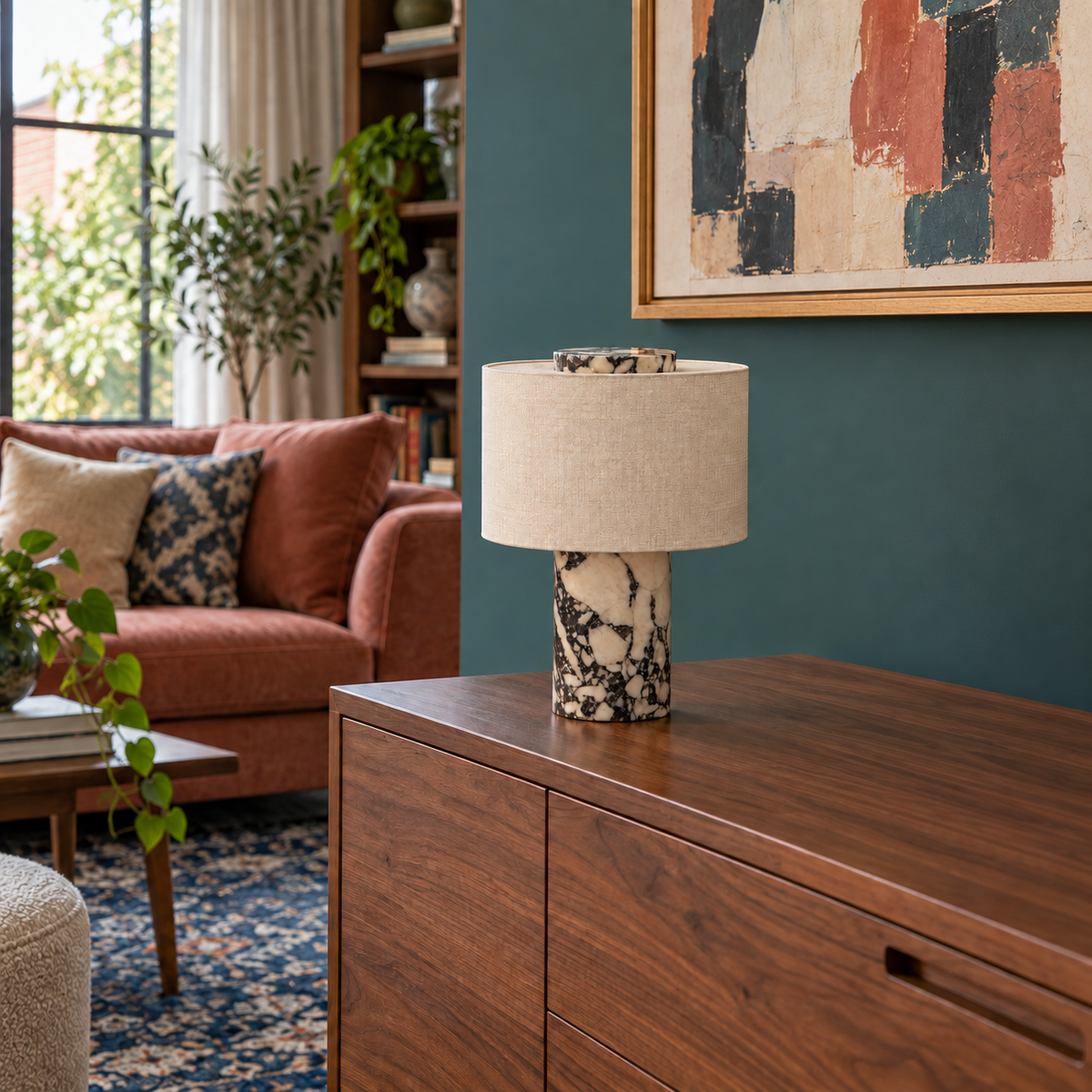 Lampe Obole sur un buffet en noyer, salon vert canard