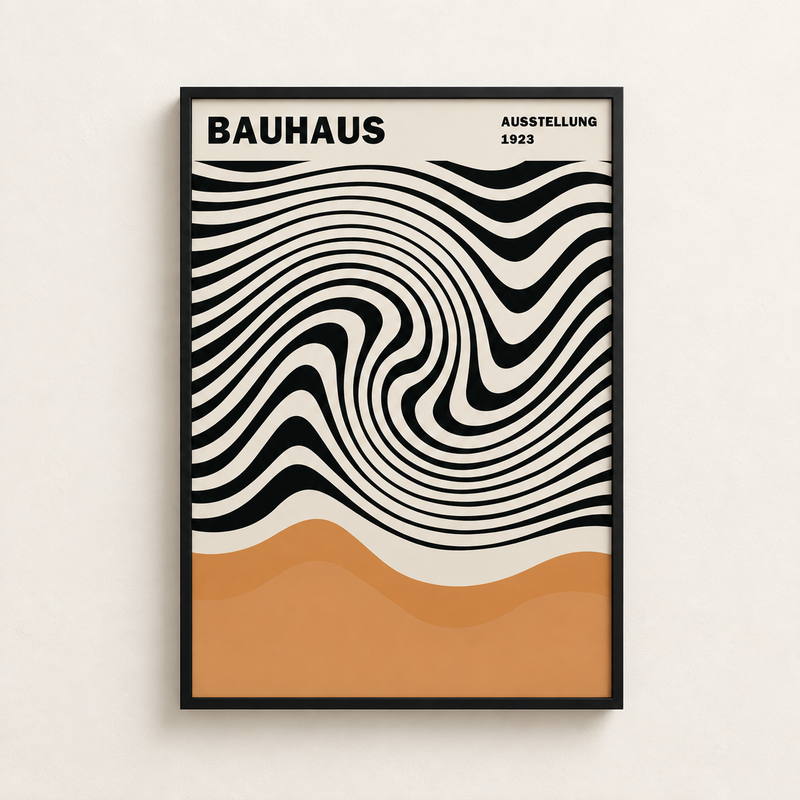 Affiche Onda Bauhaus encadrée en noir, motif d’ondes noir, écru et ocre, vue de face