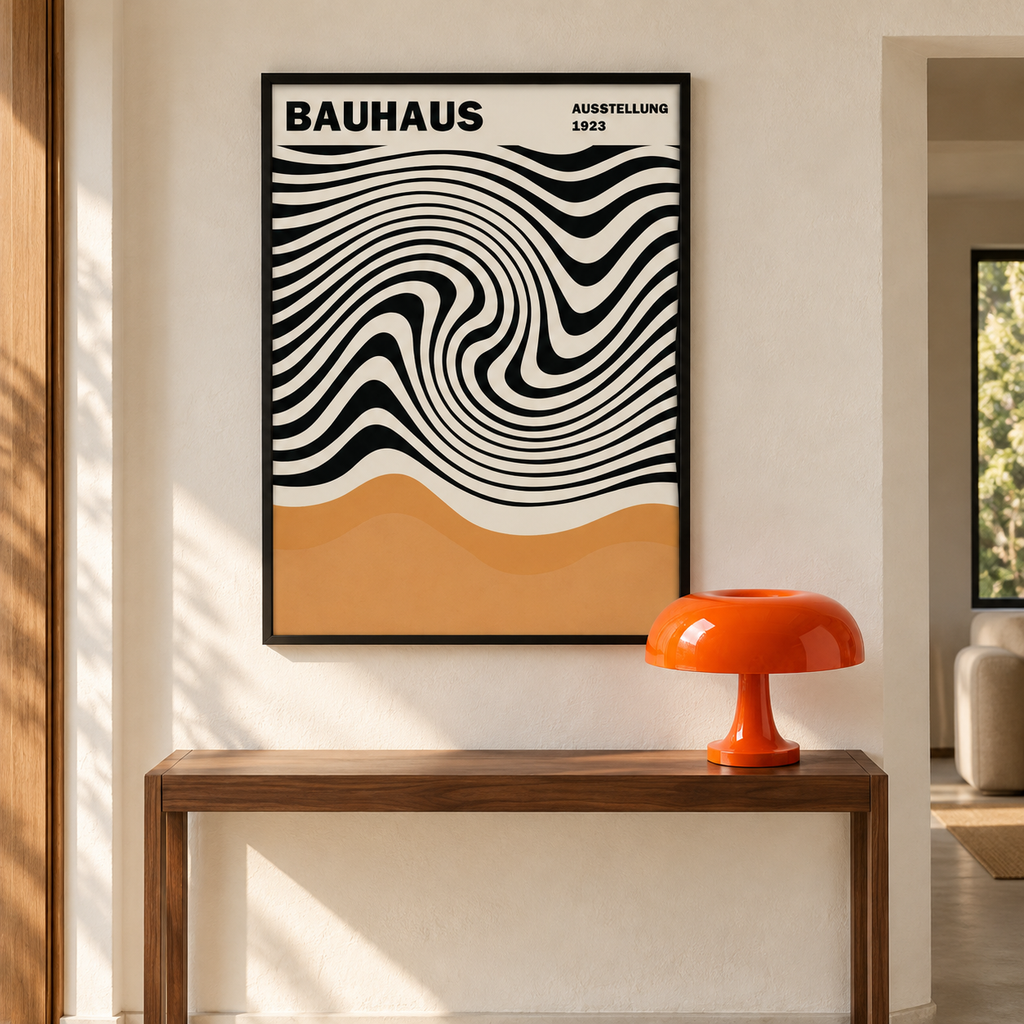 Affiche Onda encadrée dans une entrée avec lampe Caldera Cosmic Orange