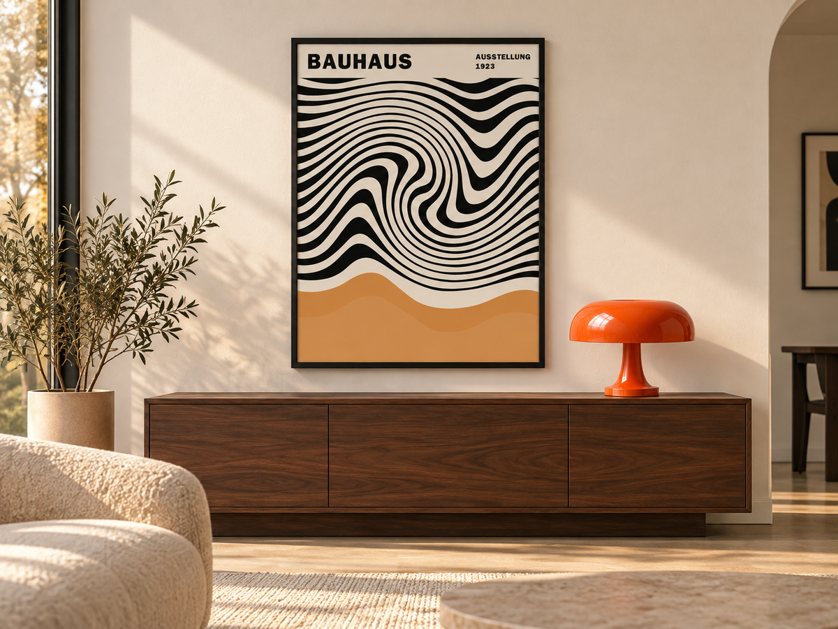 Affiche Onda encadrée dans un salon contemporain avec lampe Caldera orange
