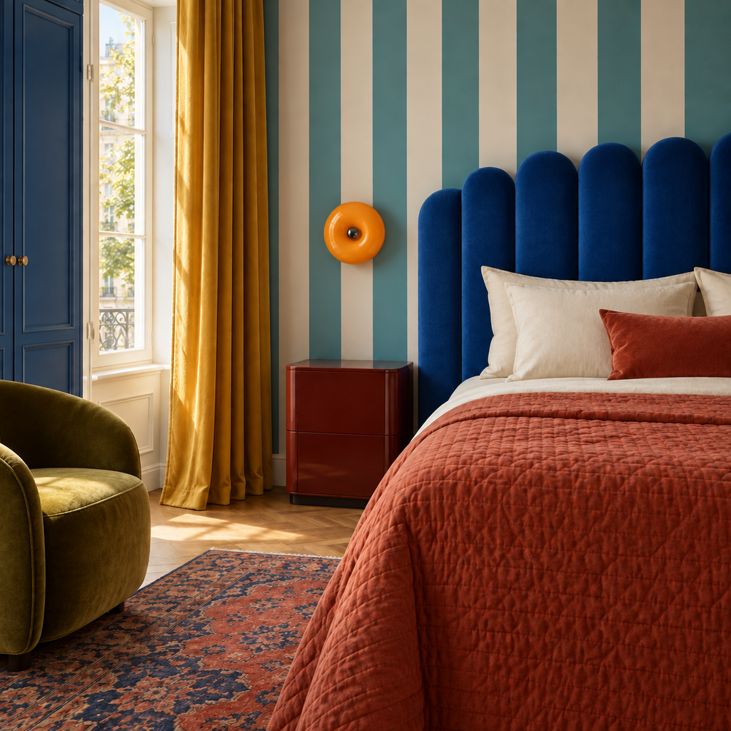 cosmic-orange-4 — Lampe Orbita orange au mur d’une chambre, à côté d’une tête de lit bleue