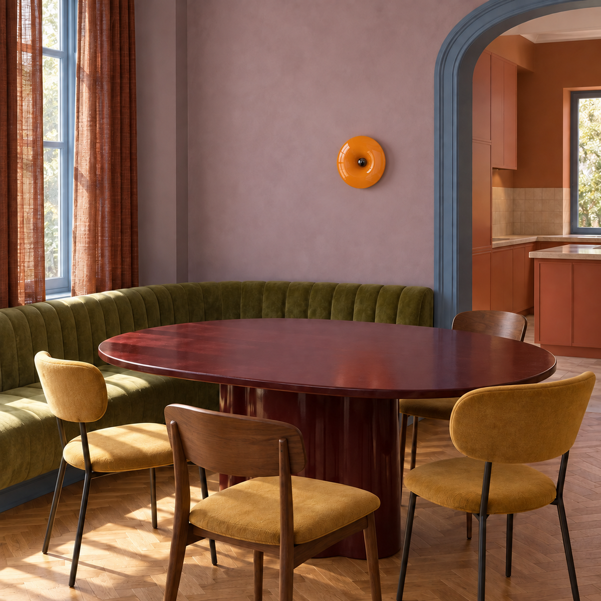 cosmic-orange-3 — Lampe Orbita orange au mur d’une salle à manger, banquette verte et table ovale
