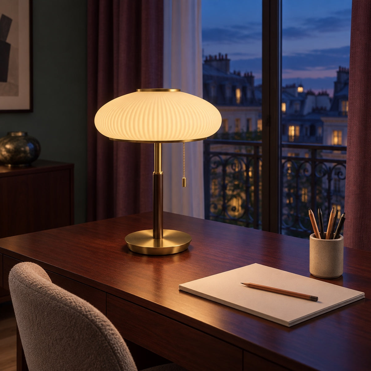 Lampe Oslo allumée sur un bureau en bois, le soir