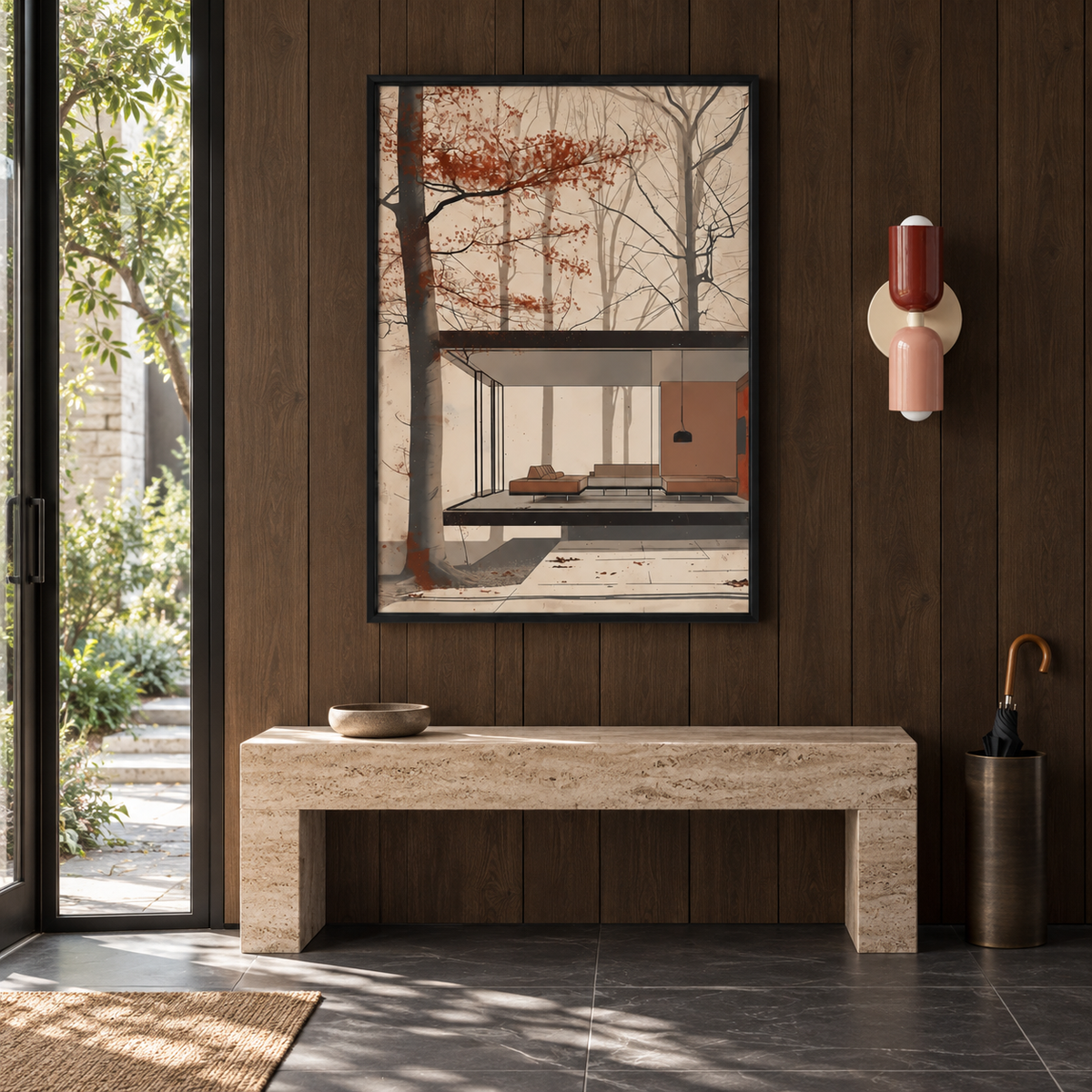 Affiche Selva dans une entrée en bois avec l’applique Solstice bordeaux et rose