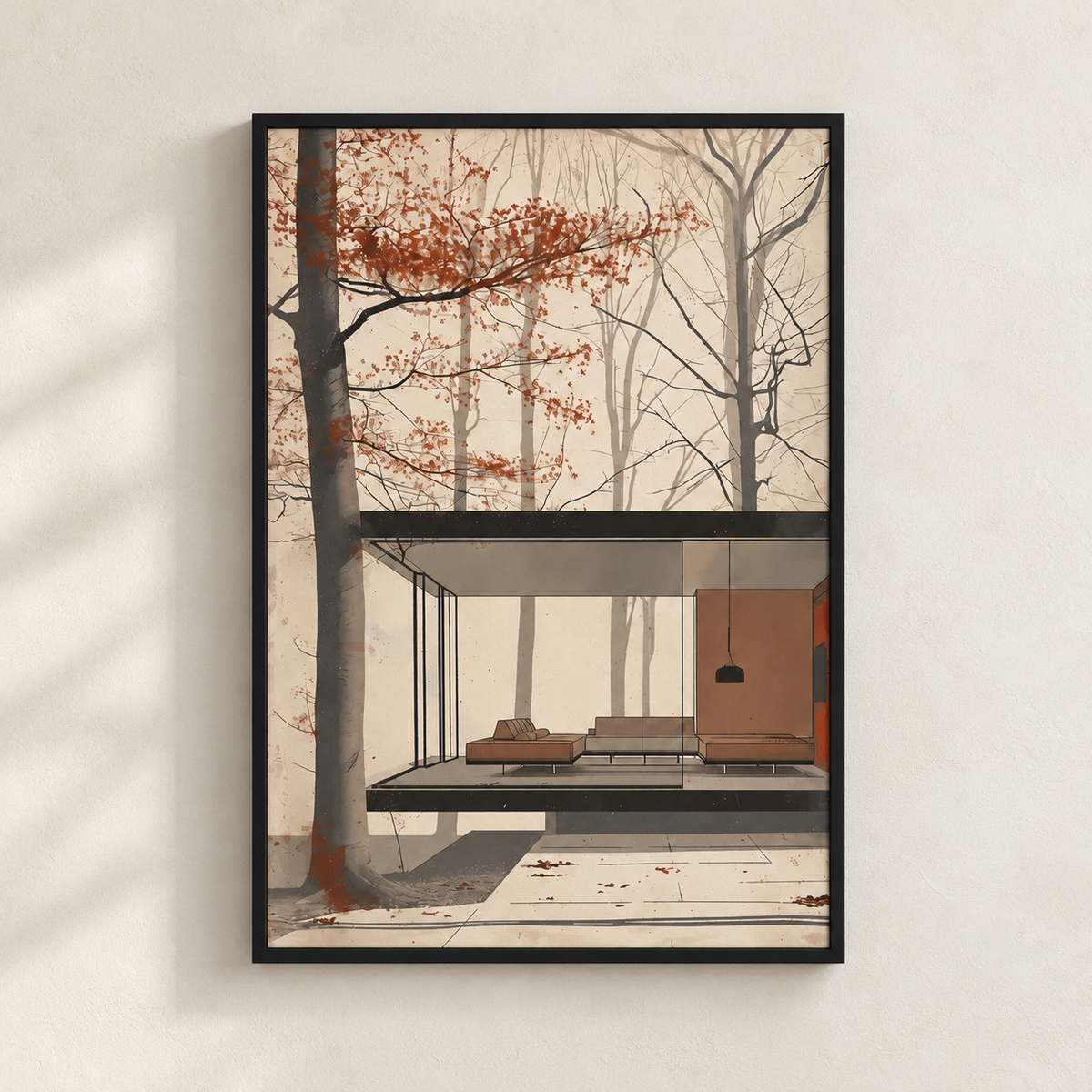 Affiche Selva encadrée en noir, vue de face, maison moderniste au cœur d’une forêt automnale
