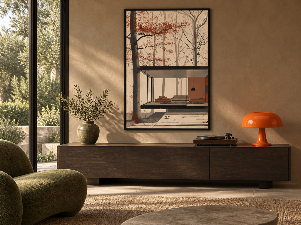 Affiche Selva dans un salon contemporain avec la lampe Caldera orange