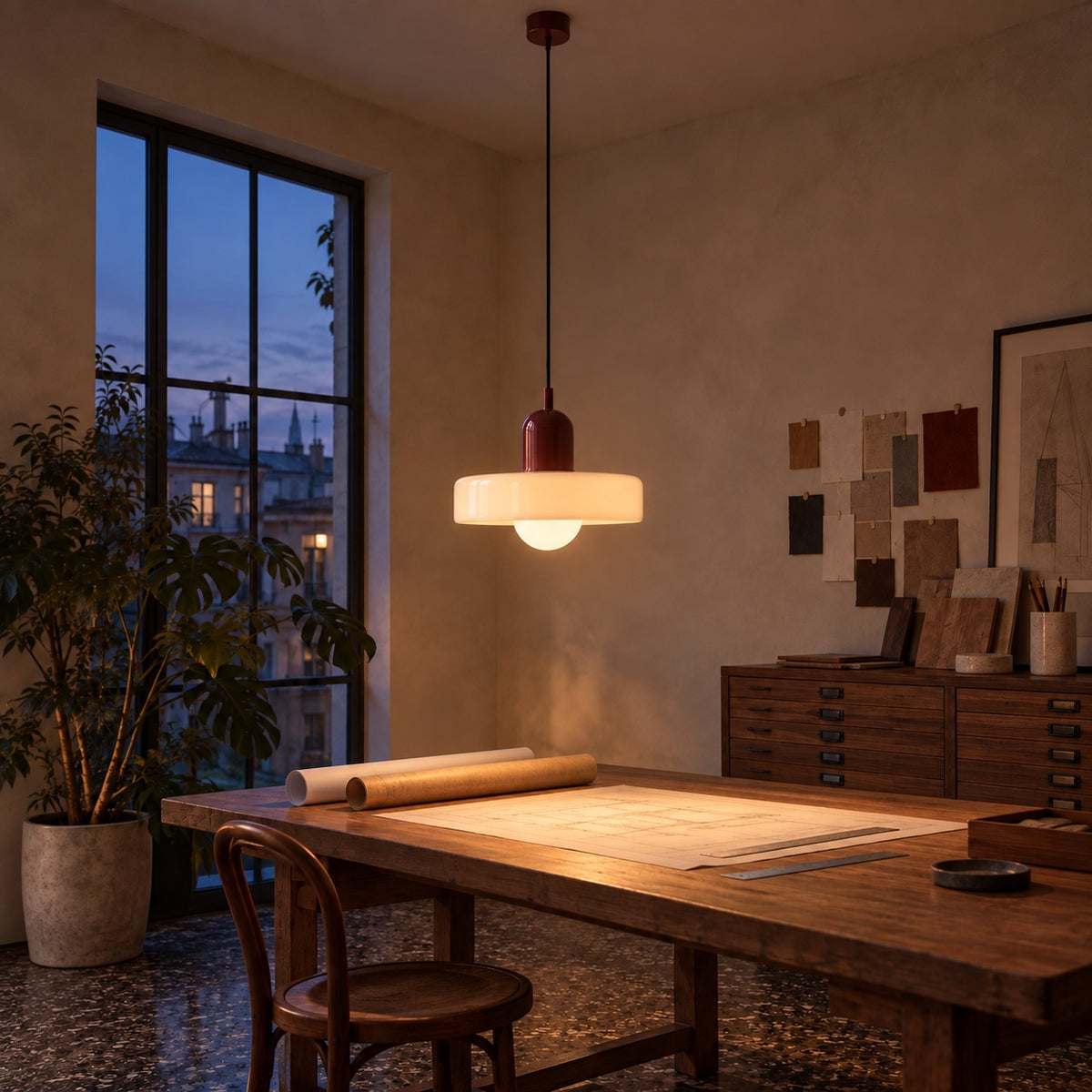 Strata Crimson Nocturne — studio milanais, lampe allumée