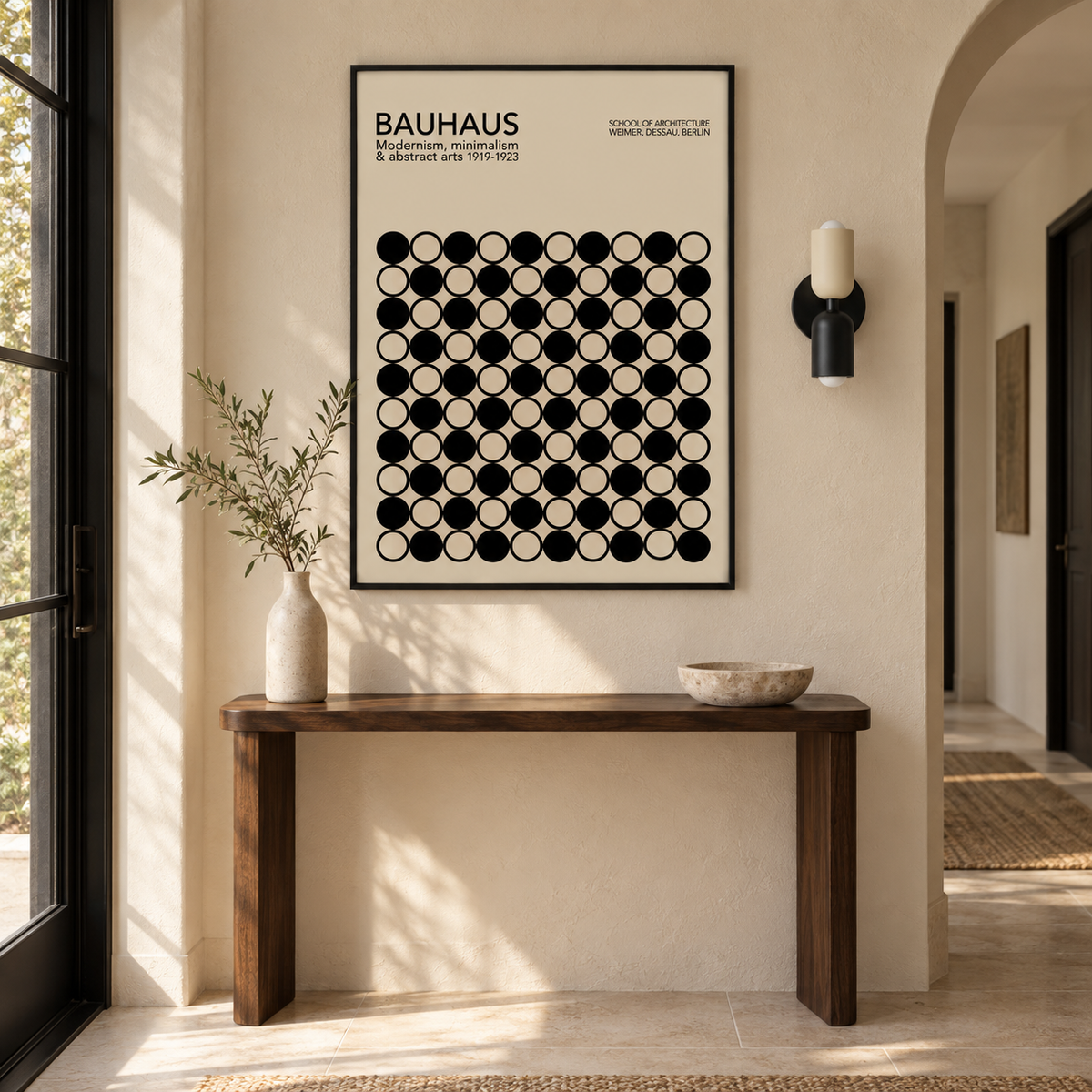 Affiche Tessera dans une entrée lumineuse avec l’applique Solstice Ivory Graphite