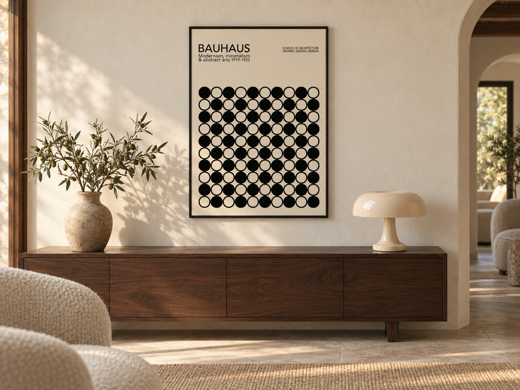 Affiche Tessera dans un salon lumineux avec la lampe Caldera Soft Ivory