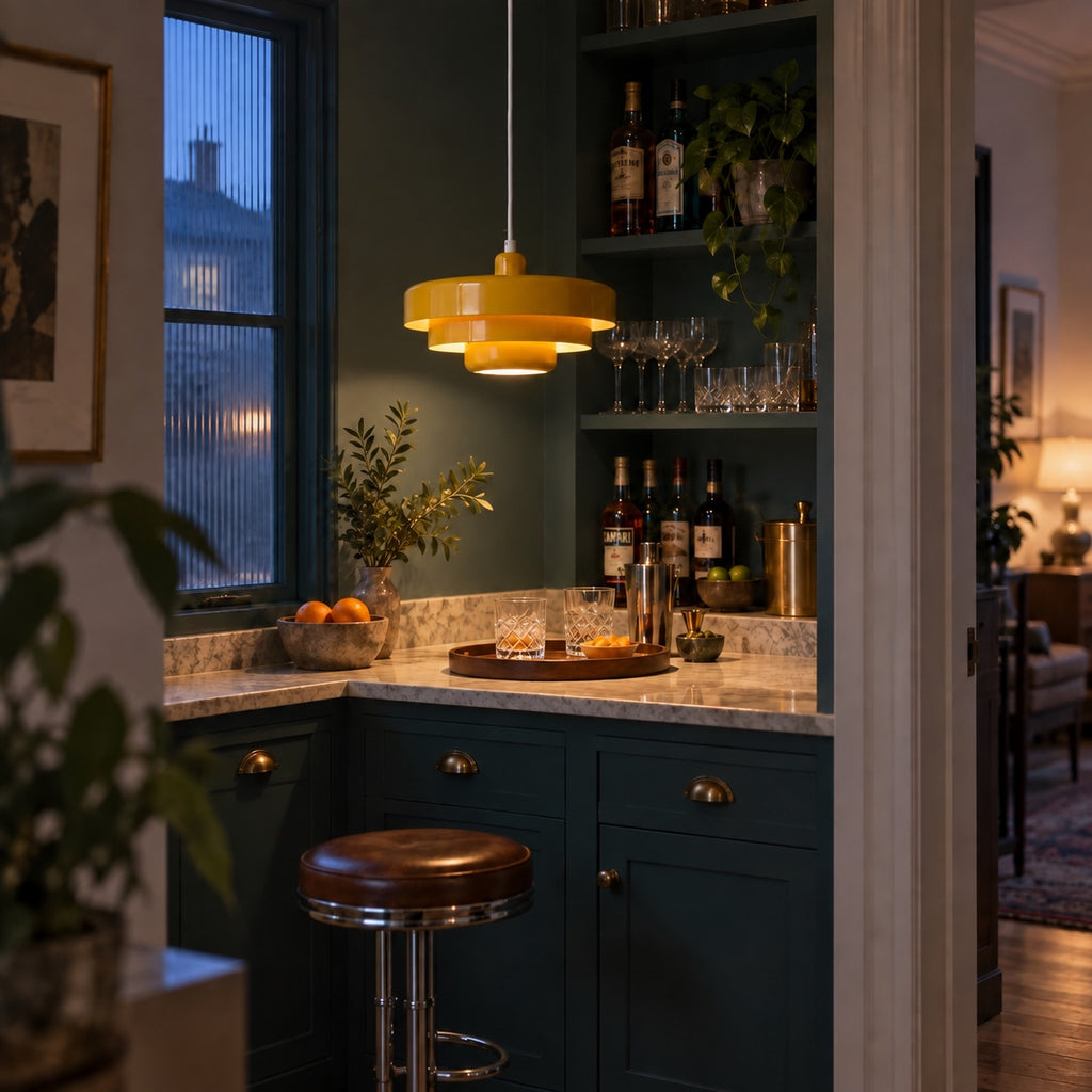 Tivoli Saffron Yellow — scène intérieure, lampe allumée