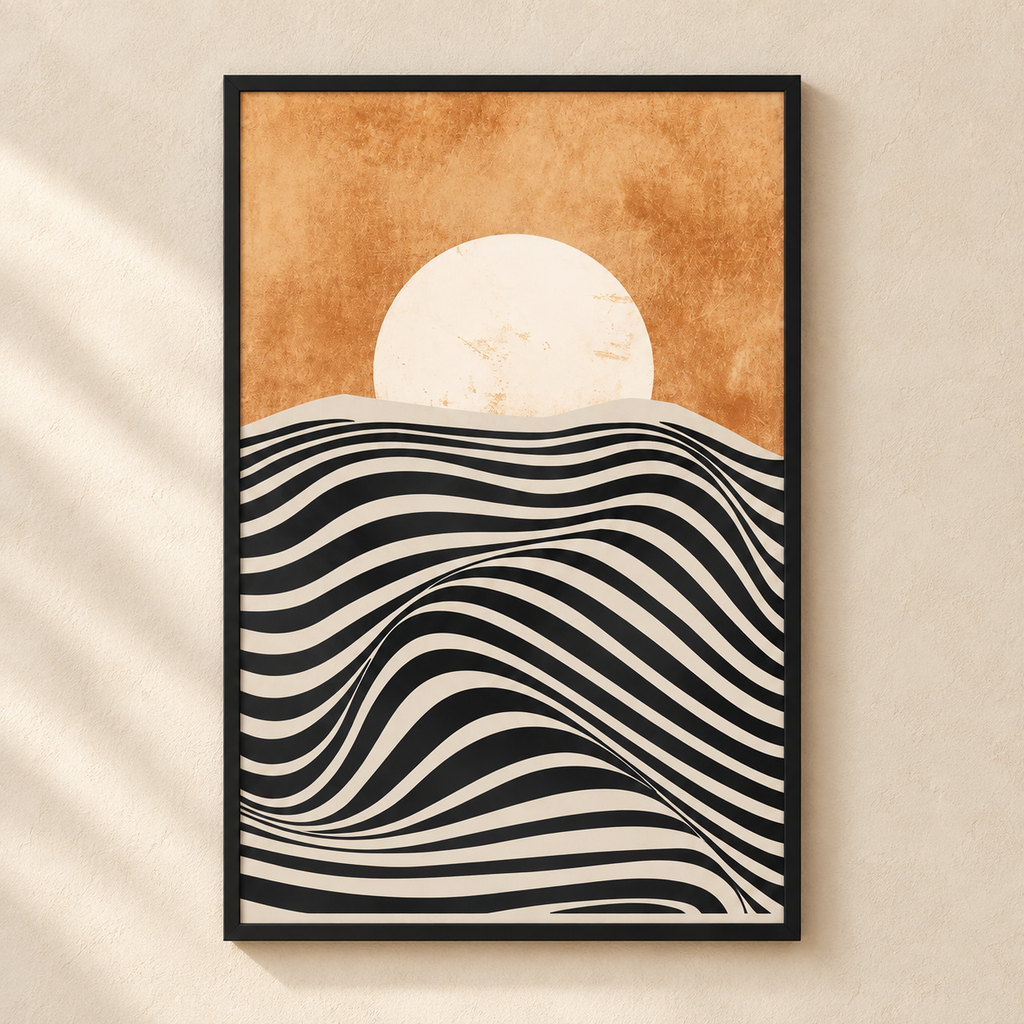 Affiche Tramonto encadrée en noir, soleil ocre et vagues graphiques en noir et beige