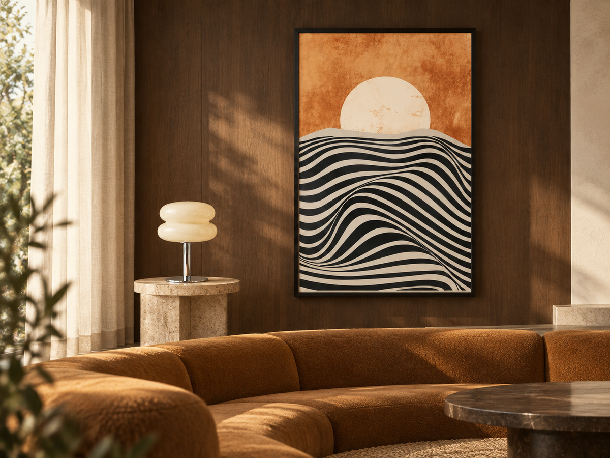 Affiche Tramonto dans un salon contemporain avec la lampe Opaline ivoire