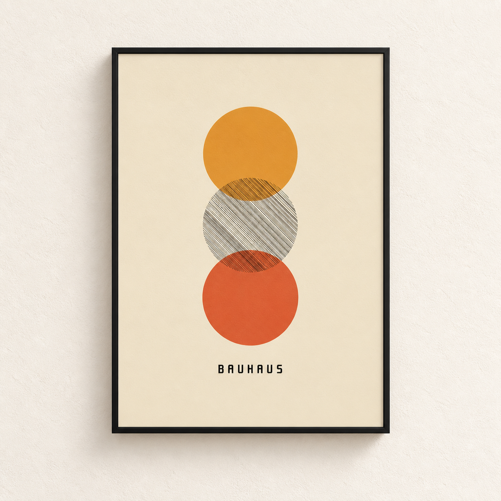 Affiche Trio encadrée en noir, vue de face, trois cercles Bauhaus orange, rayé et terracotta