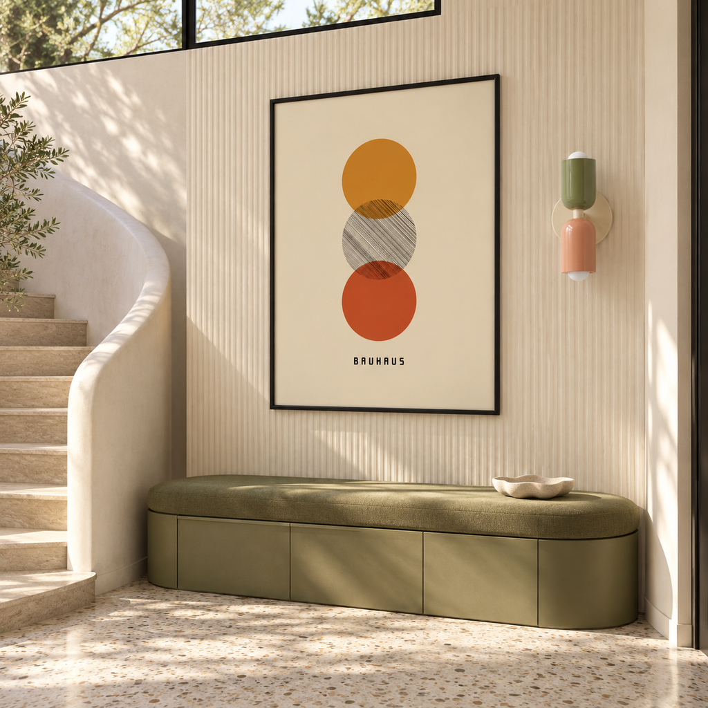 Affiche Trio dans une entrée avec l’applique Solstice vert sauge et rose