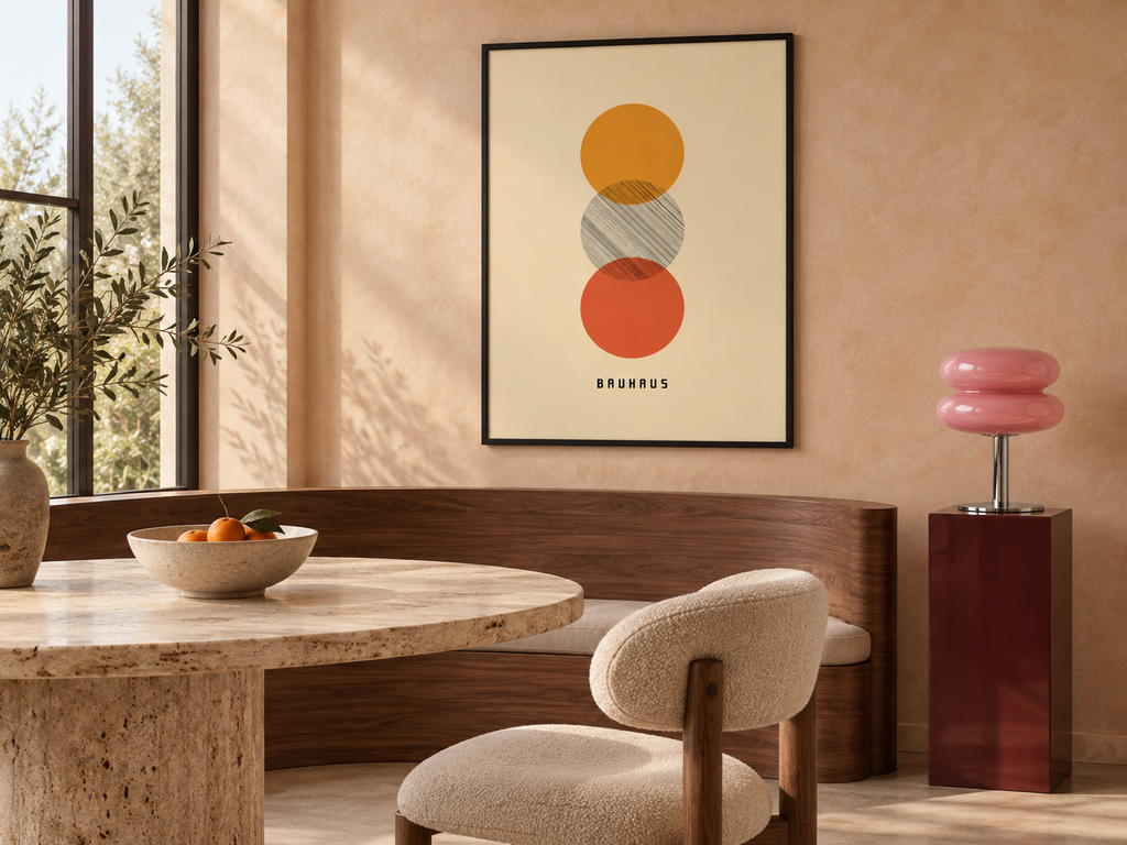 Affiche Trio dans une salle à manger contemporaine avec la lampe Opaline rose