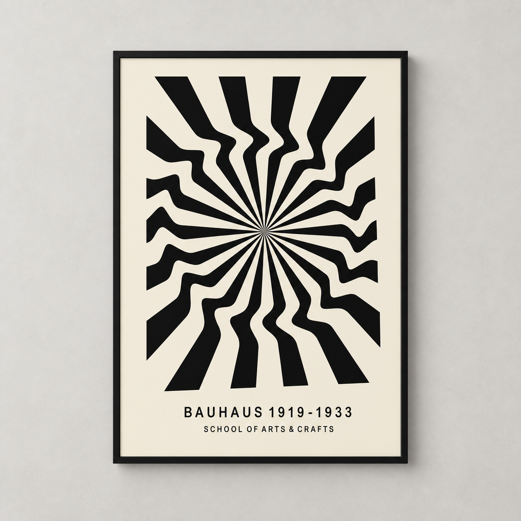 Affiche Weimar encadrée en noir, vue de face, motif Bauhaus radial noir et crème