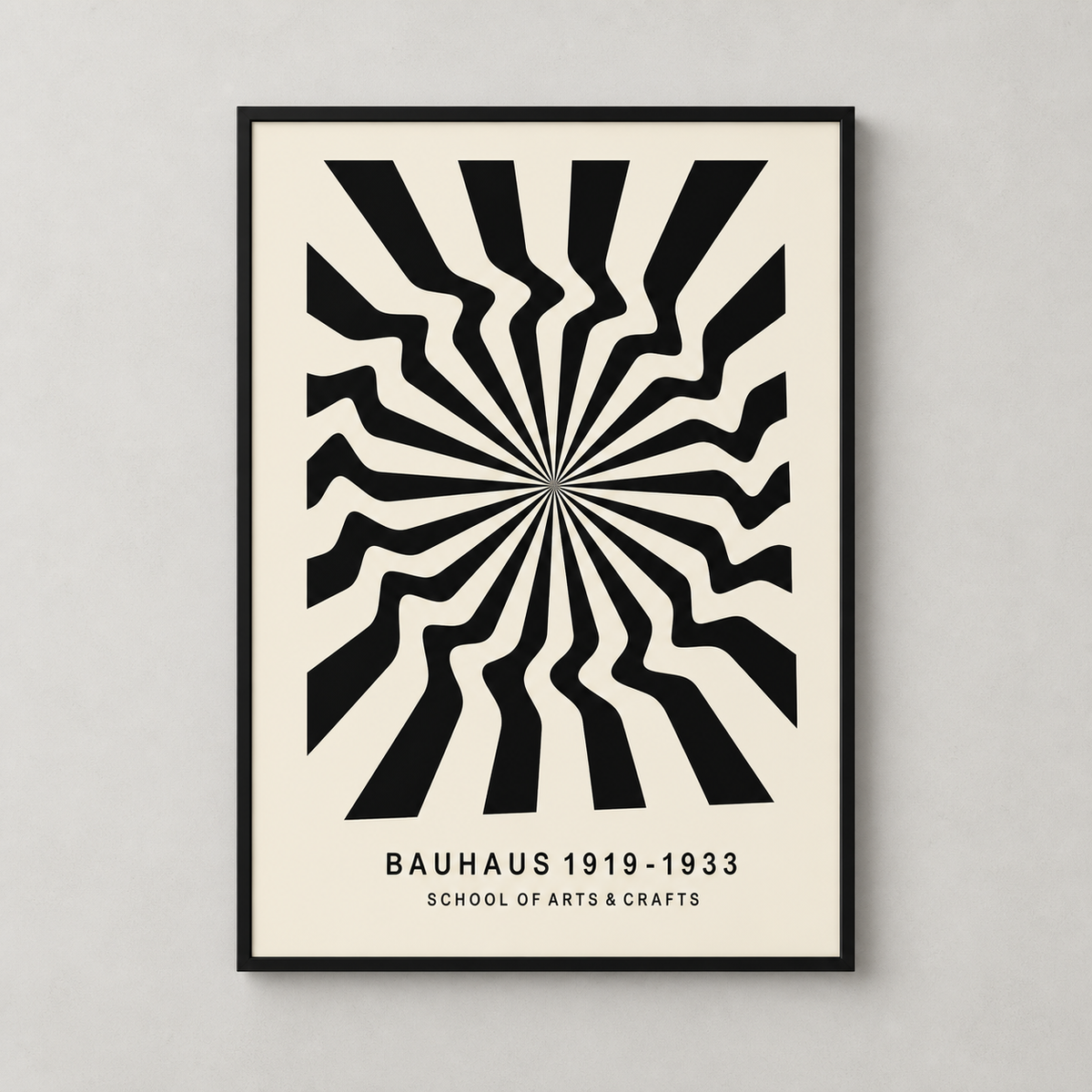 Affiche Weimar encadrée en noir, vue de face, motif Bauhaus radial noir et crème