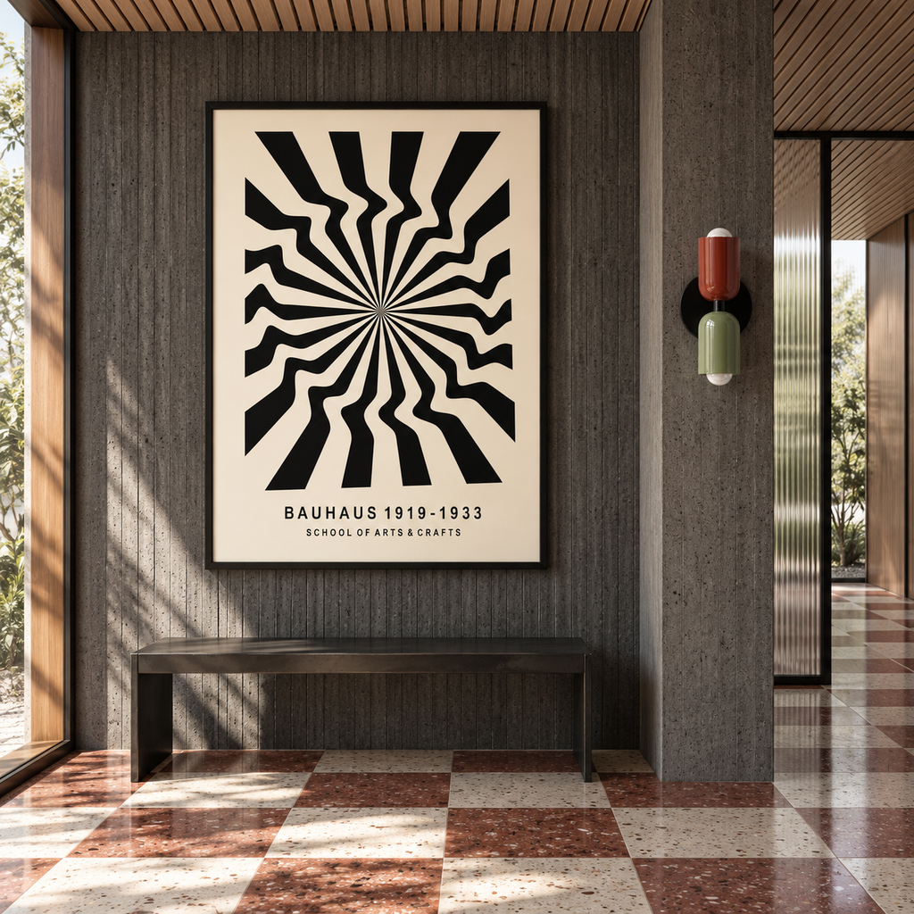 Affiche Weimar dans une entrée brutaliste avec l’applique Solstice Sienna Sage