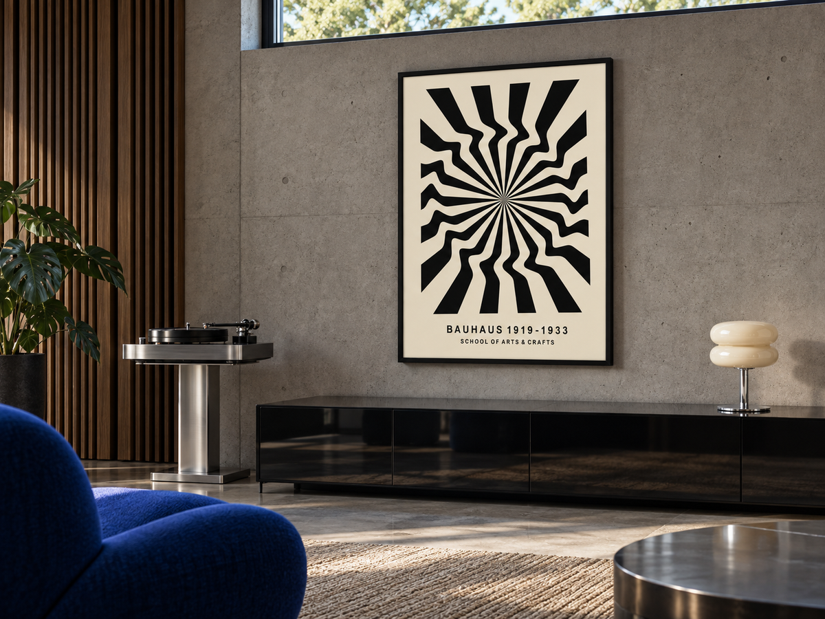 Affiche Weimar dans un salon d’écoute contemporain avec la lampe Opaline Soft Ivory